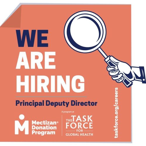 Illustration of a hand holding a magnifying glass with the text We are hiring a Principal Deputy Director at Mectizan Donation Program