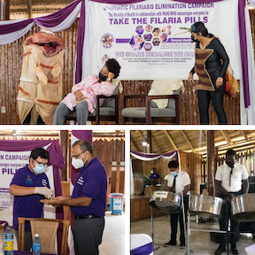 A collage of photos from Guyana's kickoff campaign. One photo shows a man receiving medicine, another photo shows two men playing steel drums, and the final photo shows three women performing a skit.