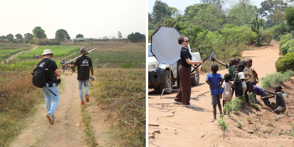 In the first photo of this layout, two men carrying video equipment walk along a path through a large, dusty field. In the second photo, a woman hold a boom microphone over a group of curious children, one of whom is touching the microphone.