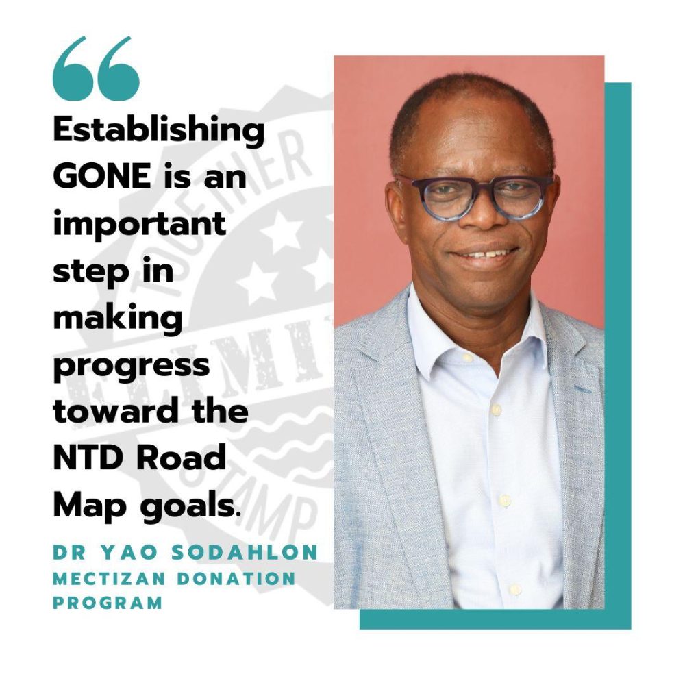 Photo of a man wearing glasses. He is smiling and is looking directly at the camera. The text next to the photo reads Establishing GONE is an important step in making progress toward the N.T.D. Road Map goals. Doctor Yao Sodahlon Mectizan Donation Program